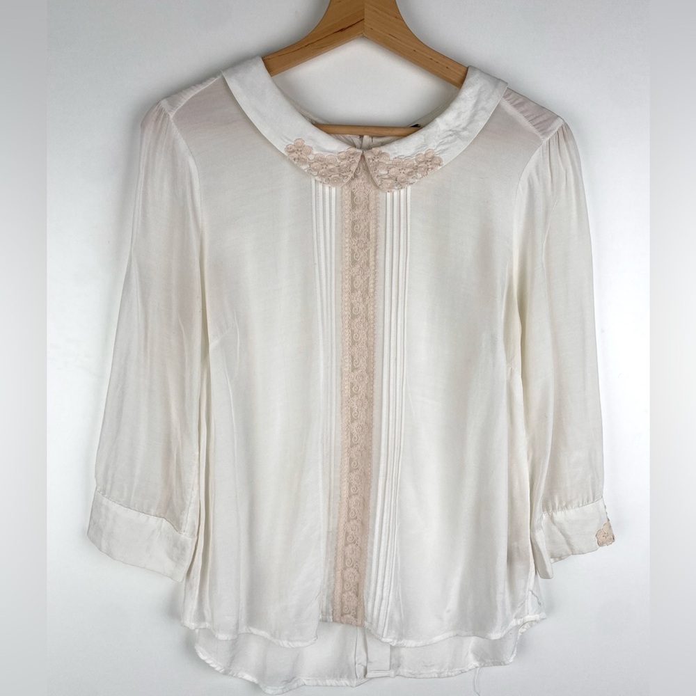 Free People Ivory Sheer Lace-Trim Button Blouse